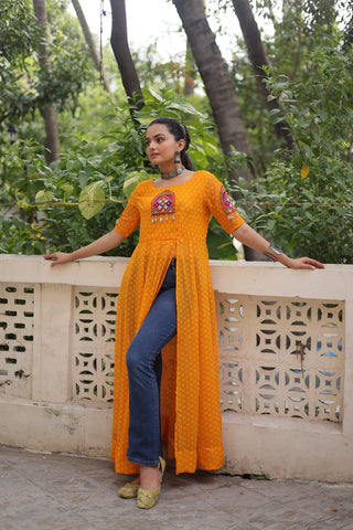 Yellow Bandhani Print Kurti with Kutchi Patchwork Detailing ClothsVilla
