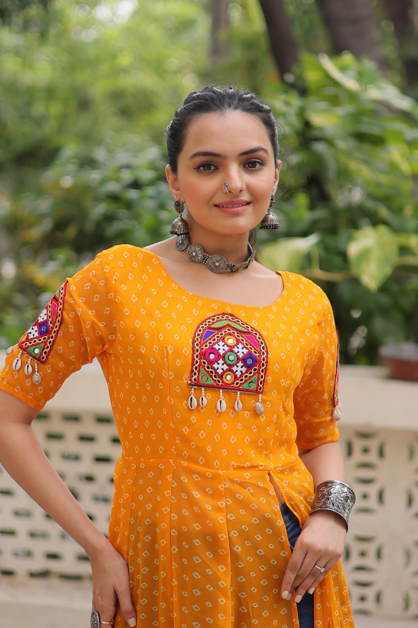 Yellow Bandhani Print Kurti with Kutchi Patchwork Detailing ClothsVilla