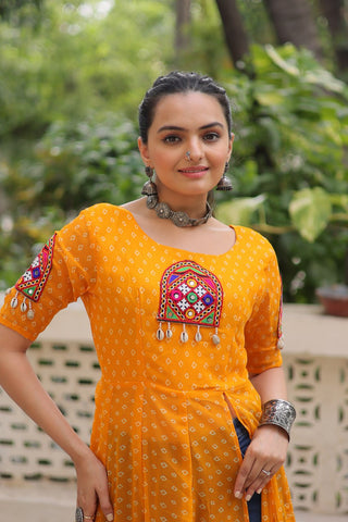 Yellow Bandhani Print Kurti with Kutchi Patchwork Detailing ClothsVilla