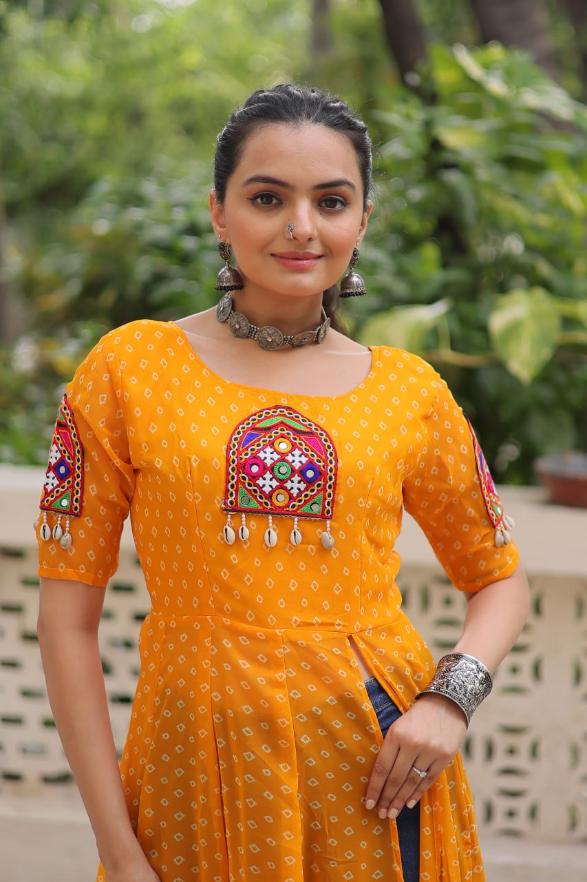 Yellow Bandhani Print Kurti with Kutchi Patchwork Detailing ClothsVilla