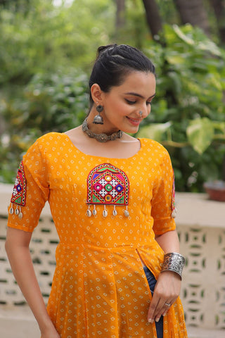 Yellow Bandhani Print Kurti with Kutchi Patchwork Detailing ClothsVilla