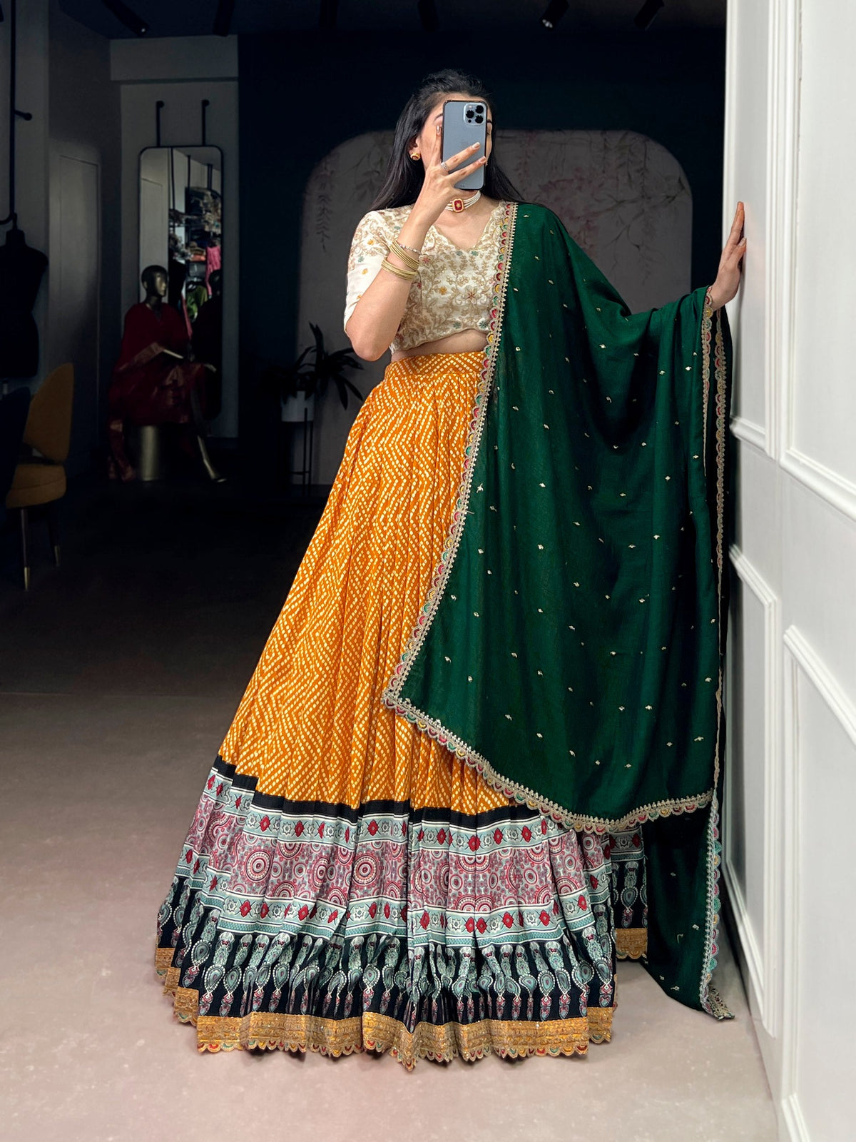 Yellow Bandhej & Ajrakh Printed Lehenga Choli Set ClothsVilla