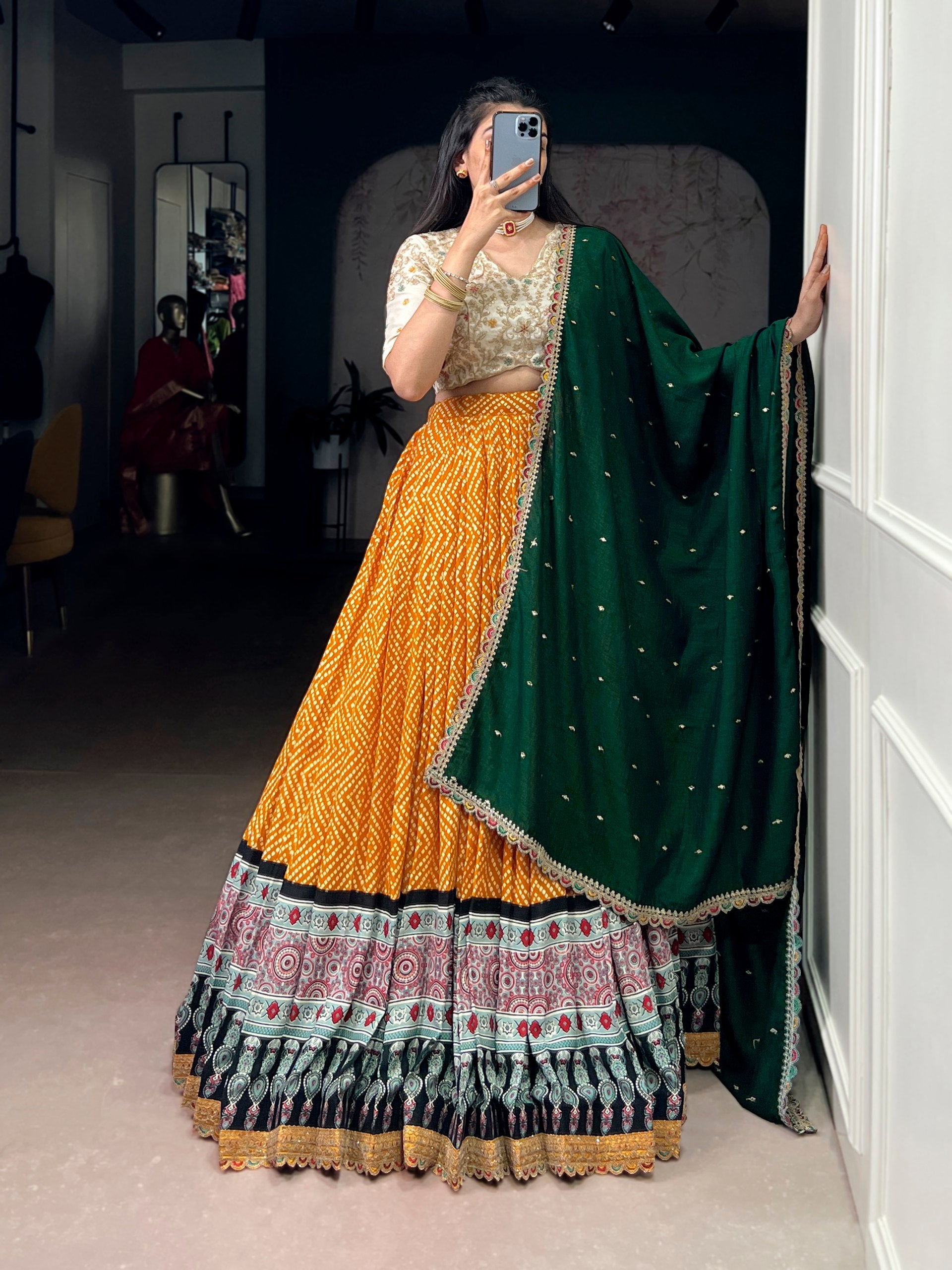 Yellow Bandhej & Ajrakh Printed Lehenga Choli Set ClothsVilla Main image