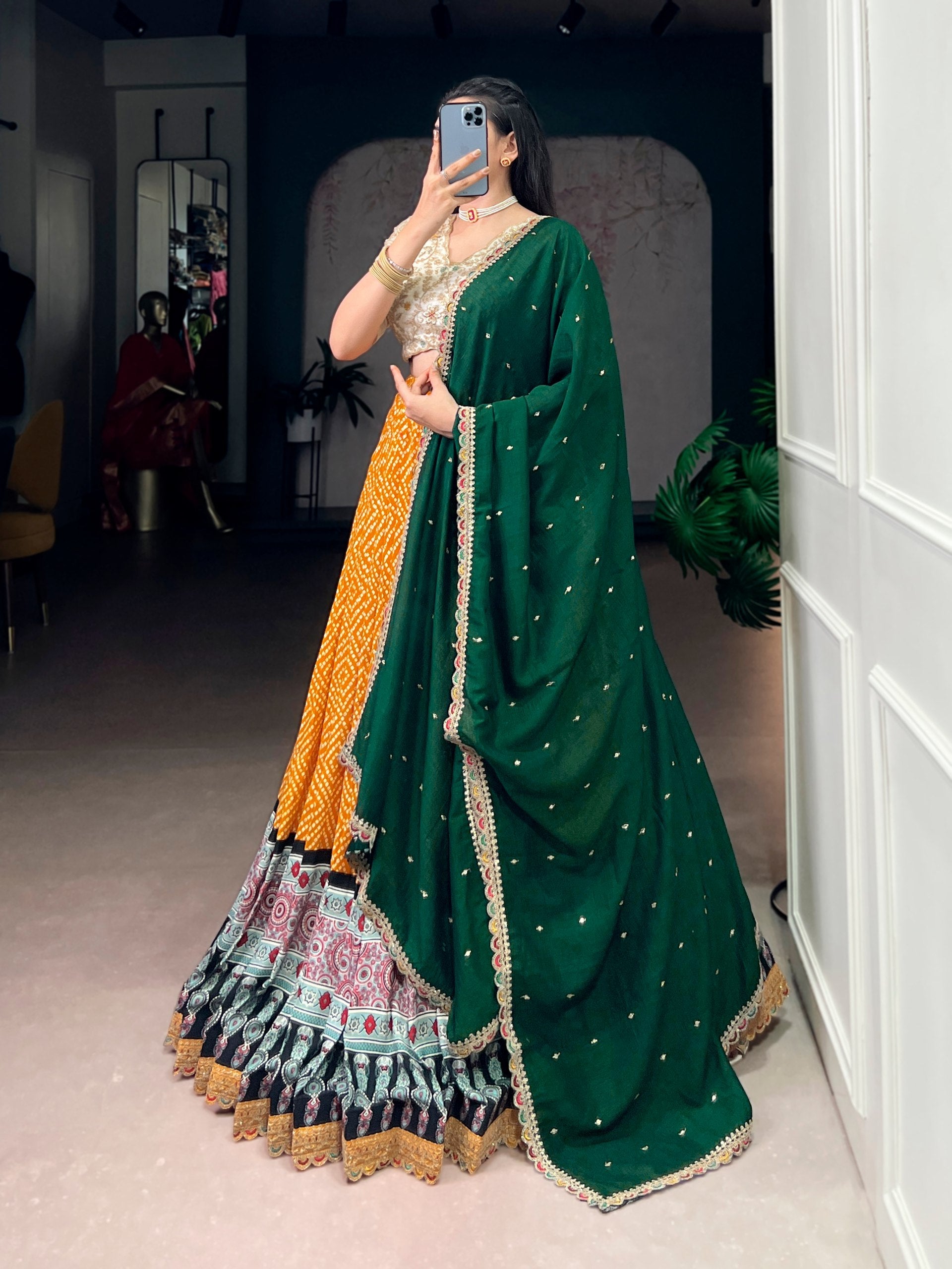 Yellow Bandhej & Ajrakh Printed Lehenga Choli Set Secondary image