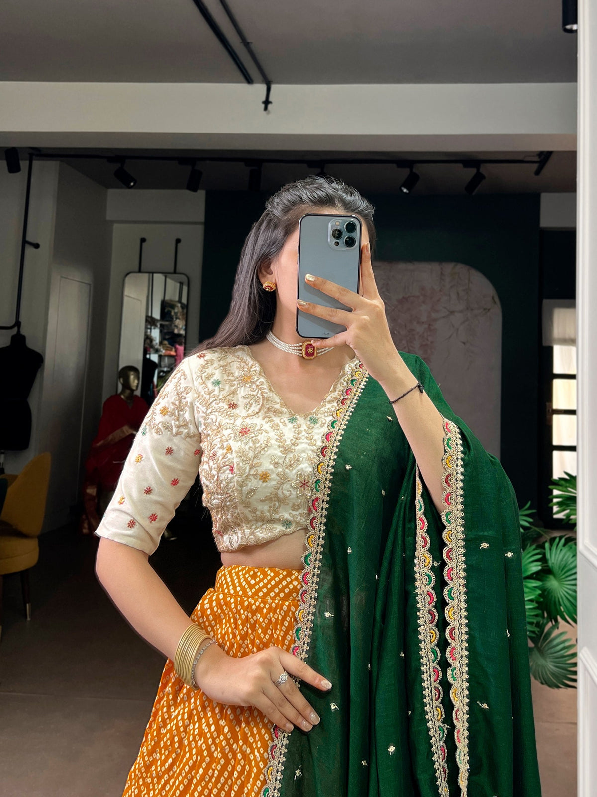 Yellow Bandhej & Ajrakh Printed Lehenga Choli Set ClothsVilla