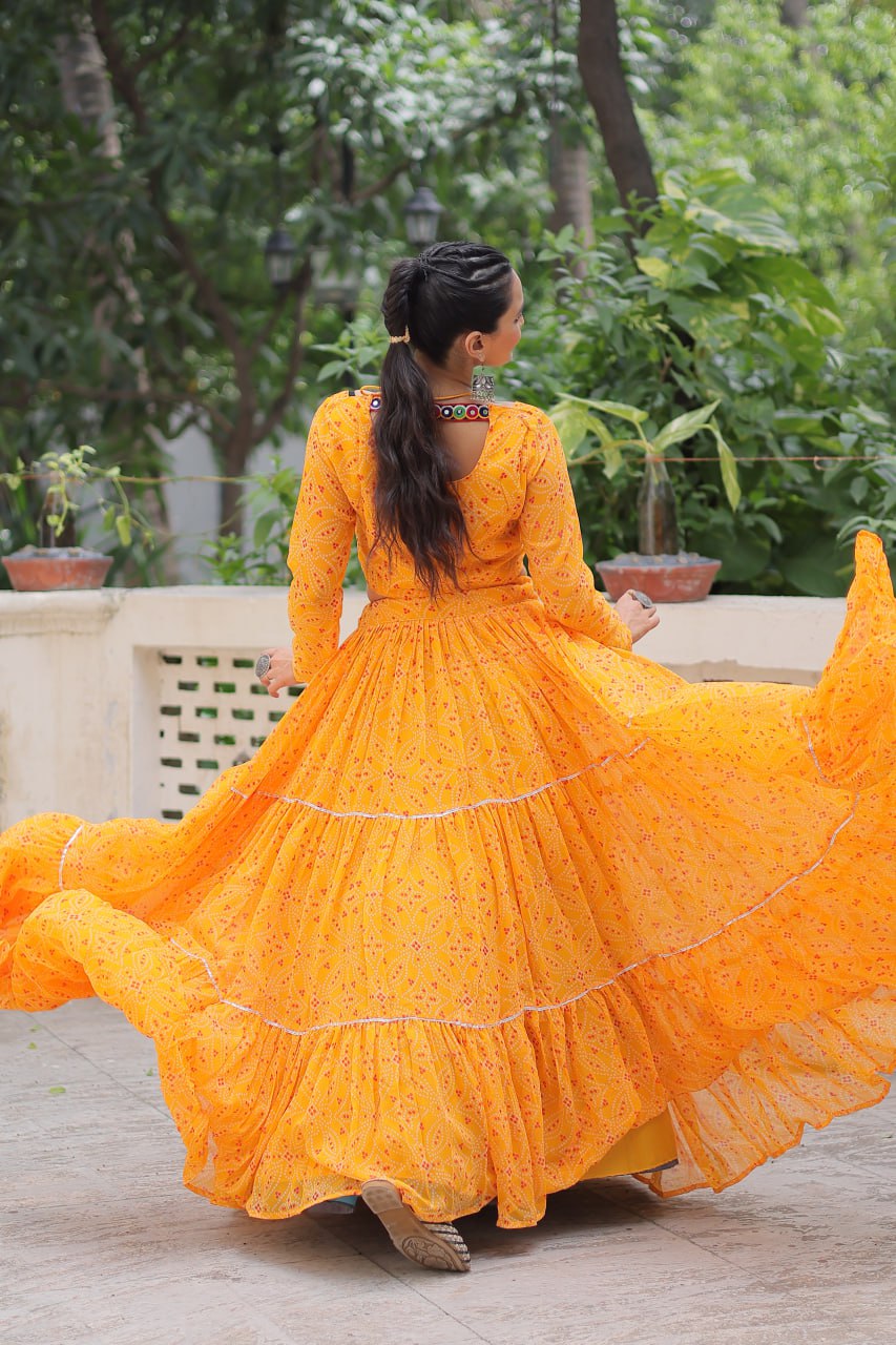 Yellow Bandhej Print Faux Georgette Lehenga Choli Set with Gotta Patti & Gamthi Embroidery – Stitched ClothsVilla