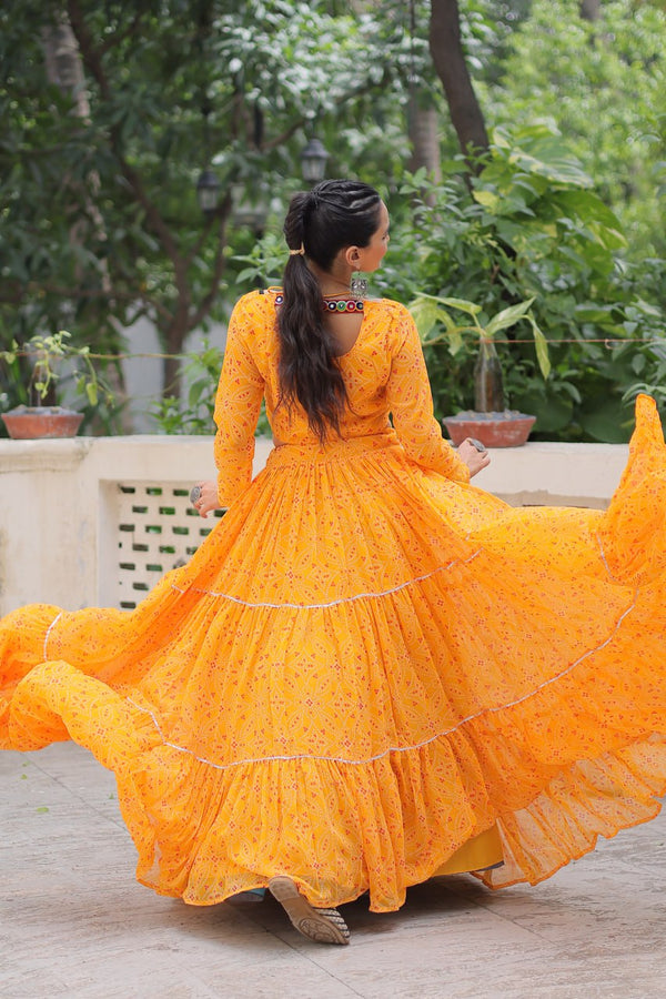 Yellow Bandhej Print Faux Georgette Lehenga Choli Set with Gotta Patti & Gamthi Embroidery – Stitched ClothsVilla