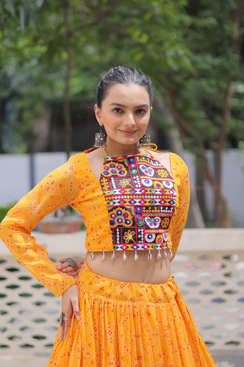 Yellow Bandhej Print Faux Georgette Lehenga Choli Set with Gotta Patti & Gamthi Embroidery – Stitched ClothsVilla