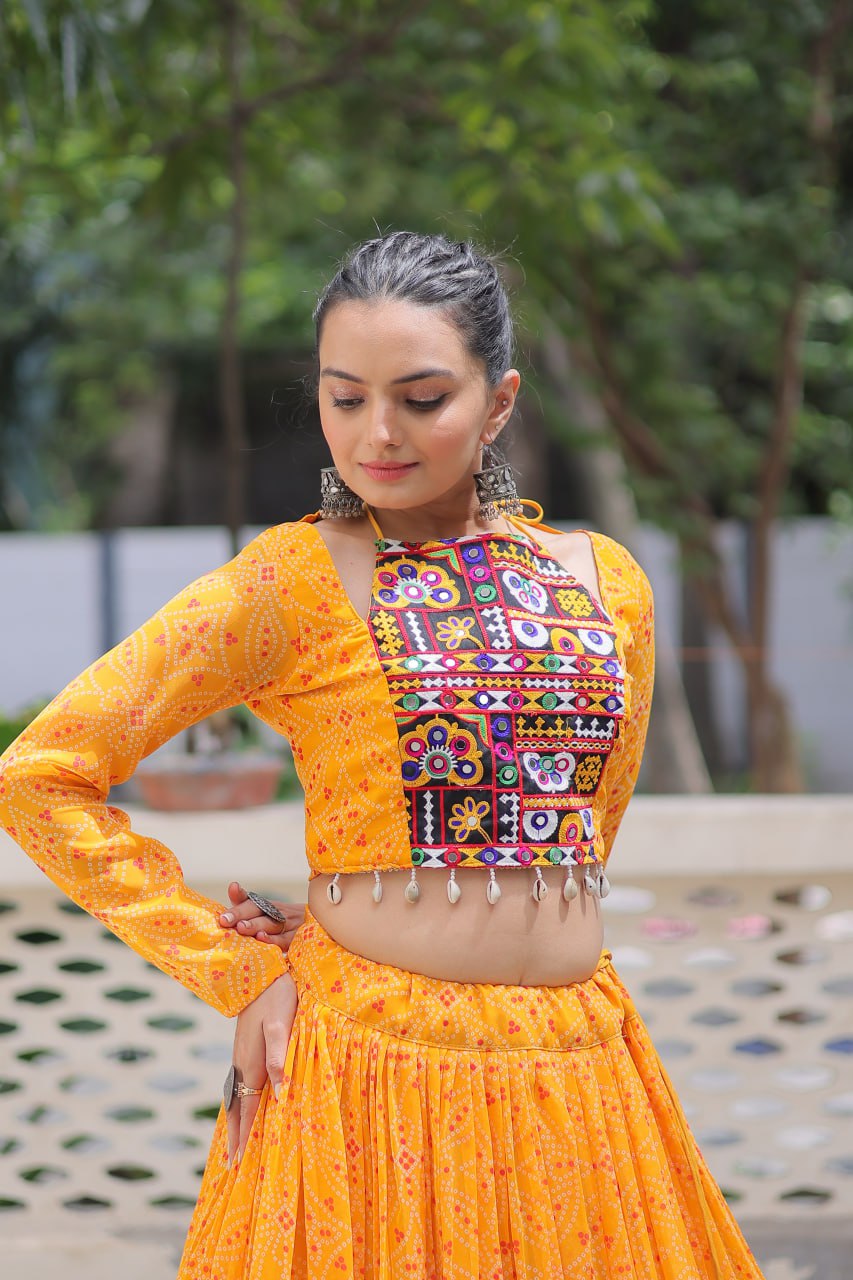 Yellow Bandhej Print Faux Georgette Lehenga Choli Set with Gotta Patti & Gamthi Embroidery – Stitched ClothsVilla