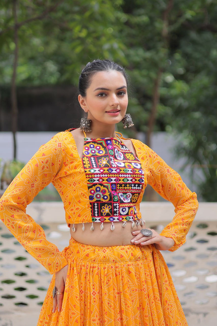 Yellow Bandhej Print Faux Georgette Lehenga Choli Set with Gotta Patti & Gamthi Embroidery – Stitched ClothsVilla