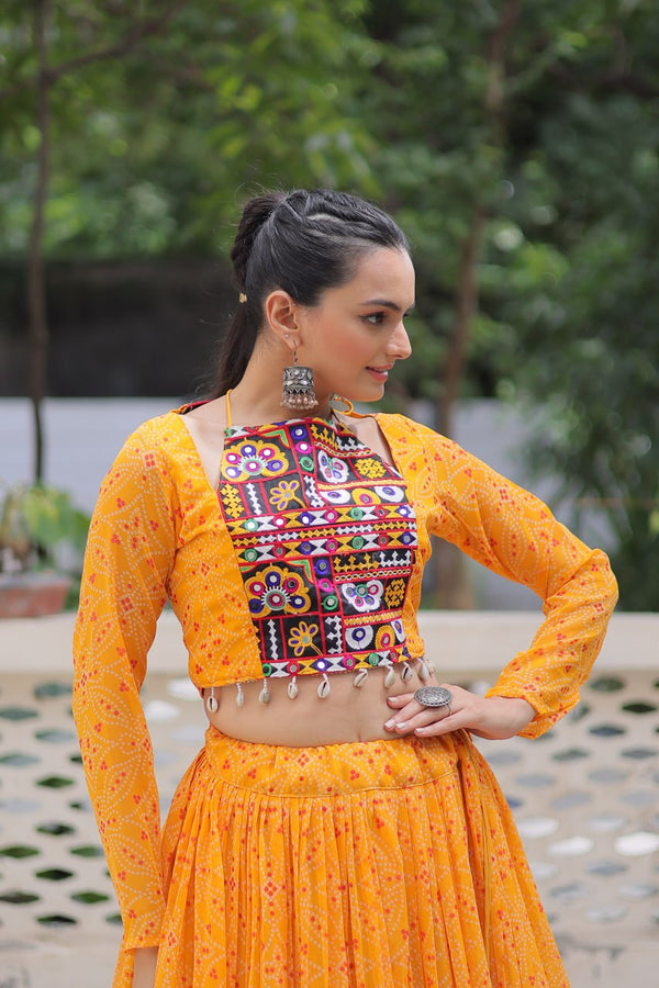 Yellow Bandhej Print Faux Georgette Lehenga Choli Set with Gotta Patti & Gamthi Embroidery – Stitched ClothsVilla