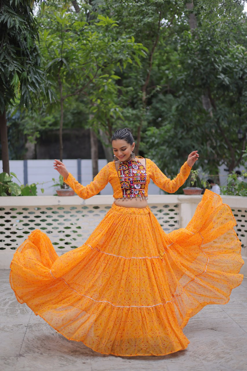 Yellow Bandhej Print Faux Georgette Lehenga Choli Set with Gotta Patti & Gamthi Embroidery – Stitched ClothsVilla Main image