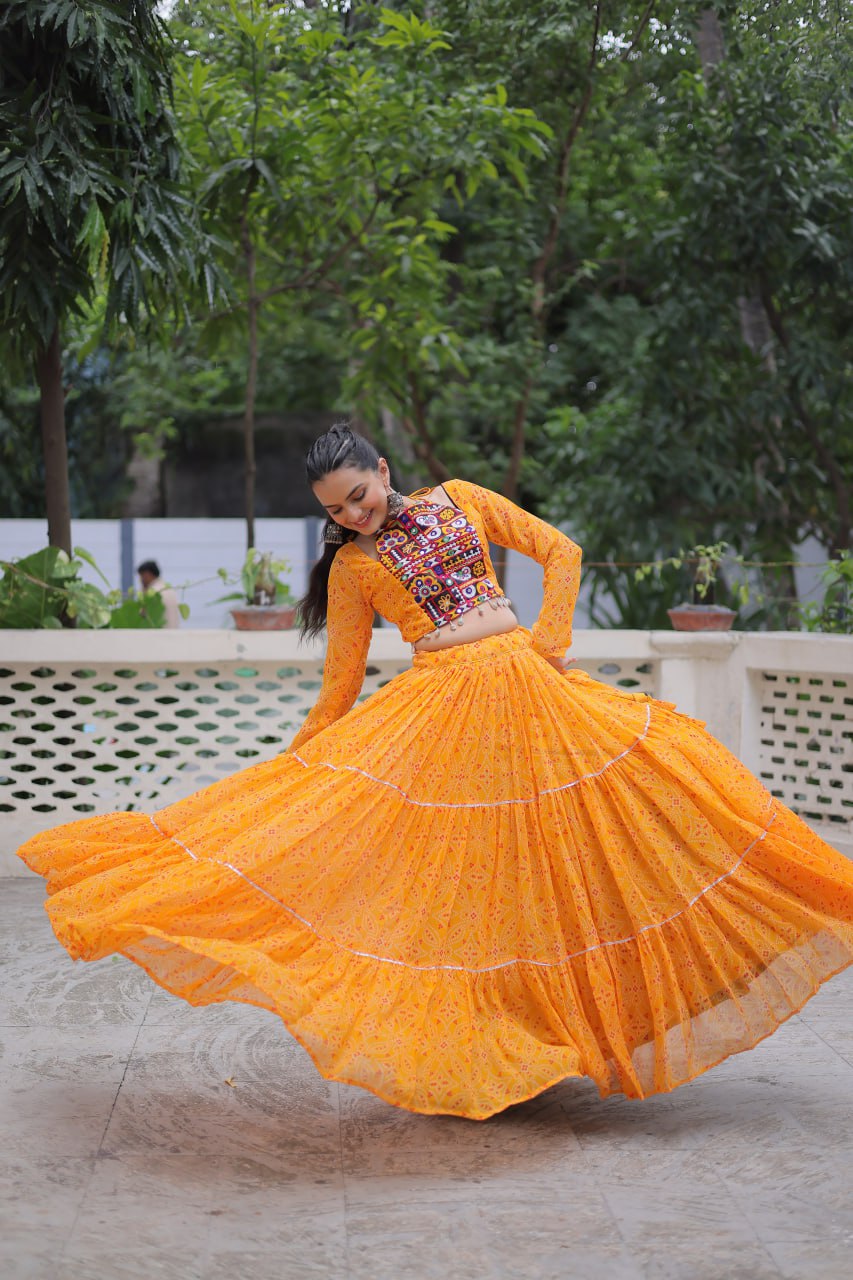 Yellow Bandhej Print Faux Georgette Lehenga Choli Set with Gotta Patti & Gamthi Embroidery – Stitched ClothsVilla