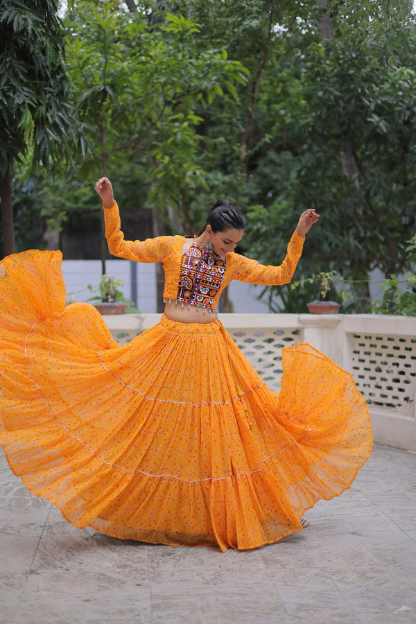 Yellow Bandhej Print Faux Georgette Lehenga Choli Set with Gotta Patti & Gamthi Embroidery – Stitched ClothsVilla