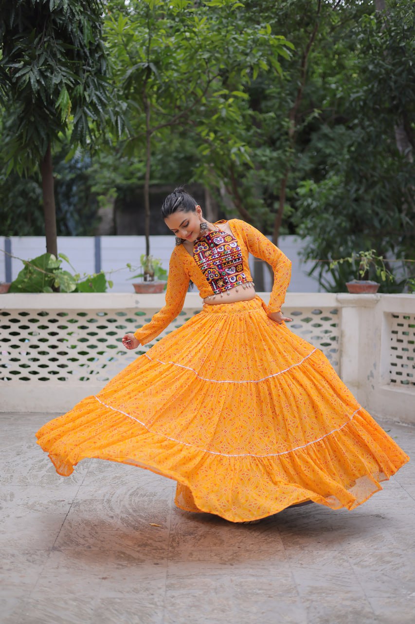 Yellow Bandhej Print Faux Georgette Lehenga Choli Set with Gotta Patti & Gamthi Embroidery – Stitched ClothsVilla