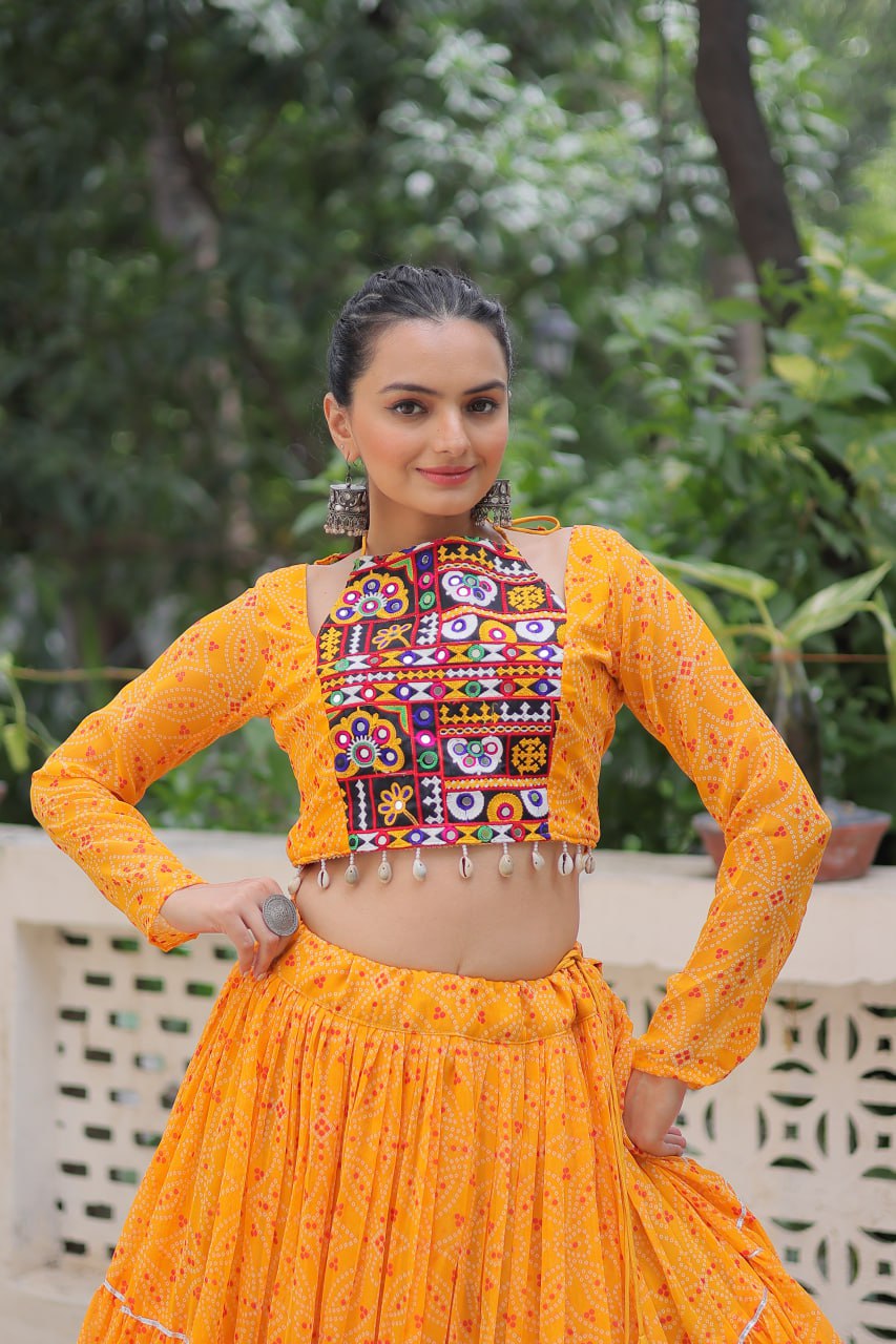 Yellow Bandhej Print Faux Georgette Lehenga Choli Set with Gotta Patti & Gamthi Embroidery – Stitched ClothsVilla