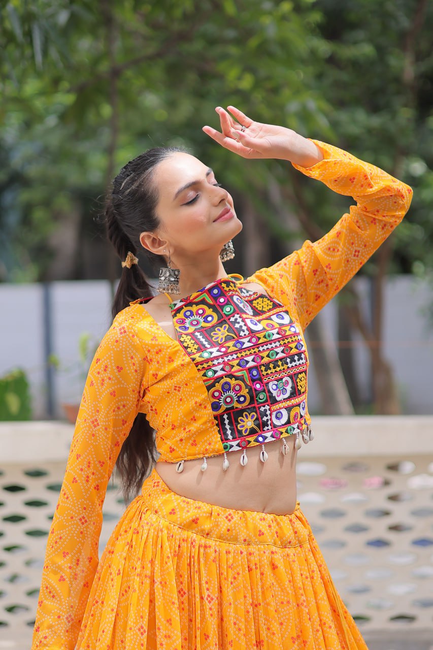 Yellow Bandhej Print Faux Georgette Lehenga Choli Set with Gotta Patti & Gamthi Embroidery – Stitched ClothsVilla