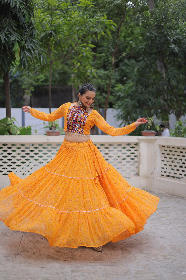 Yellow Bandhej Print Faux Georgette Lehenga Choli Set with Gotta Patti & Gamthi Embroidery – Stitched ClothsVilla