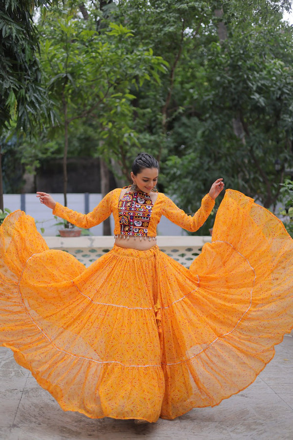 Yellow Bandhej Print Faux Georgette Lehenga Choli Set with Gotta Patti & Gamthi Embroidery – Stitched ClothsVilla