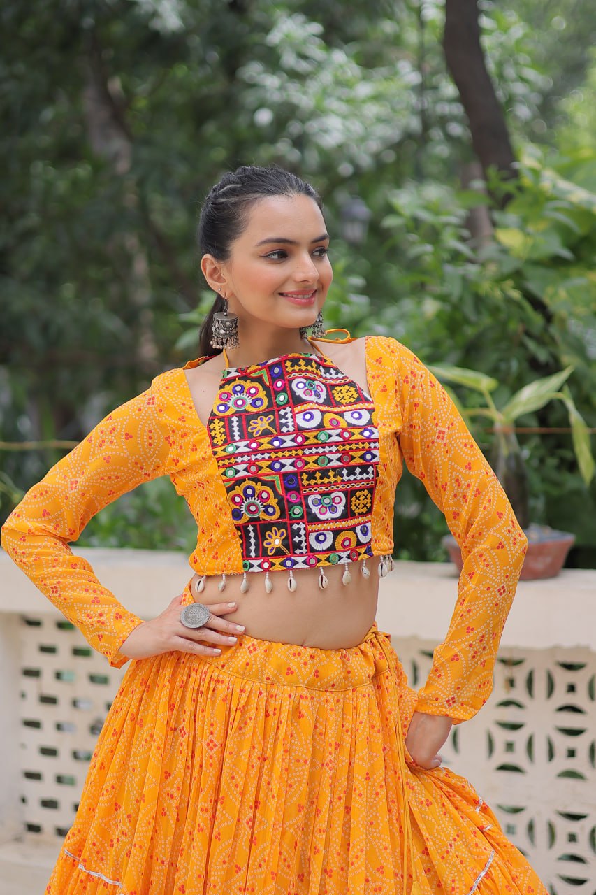 Yellow Bandhej Print Faux Georgette Lehenga Choli Set with Gotta Patti & Gamthi Embroidery – Stitched ClothsVilla