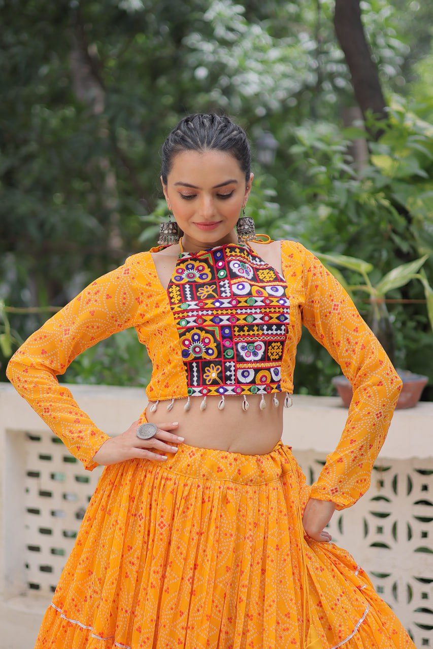Yellow Bandhej Print Faux Georgette Lehenga Choli Set with Gotta Patti & Gamthi Embroidery – Stitched ClothsVilla
