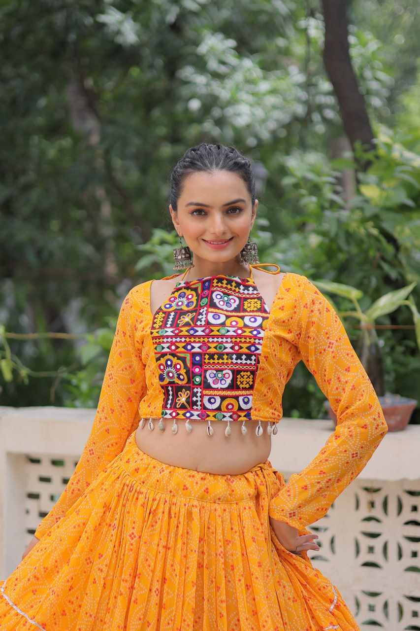 Yellow Bandhej Print Faux Georgette Lehenga Choli Set with Gotta Patti & Gamthi Embroidery – Stitched ClothsVilla