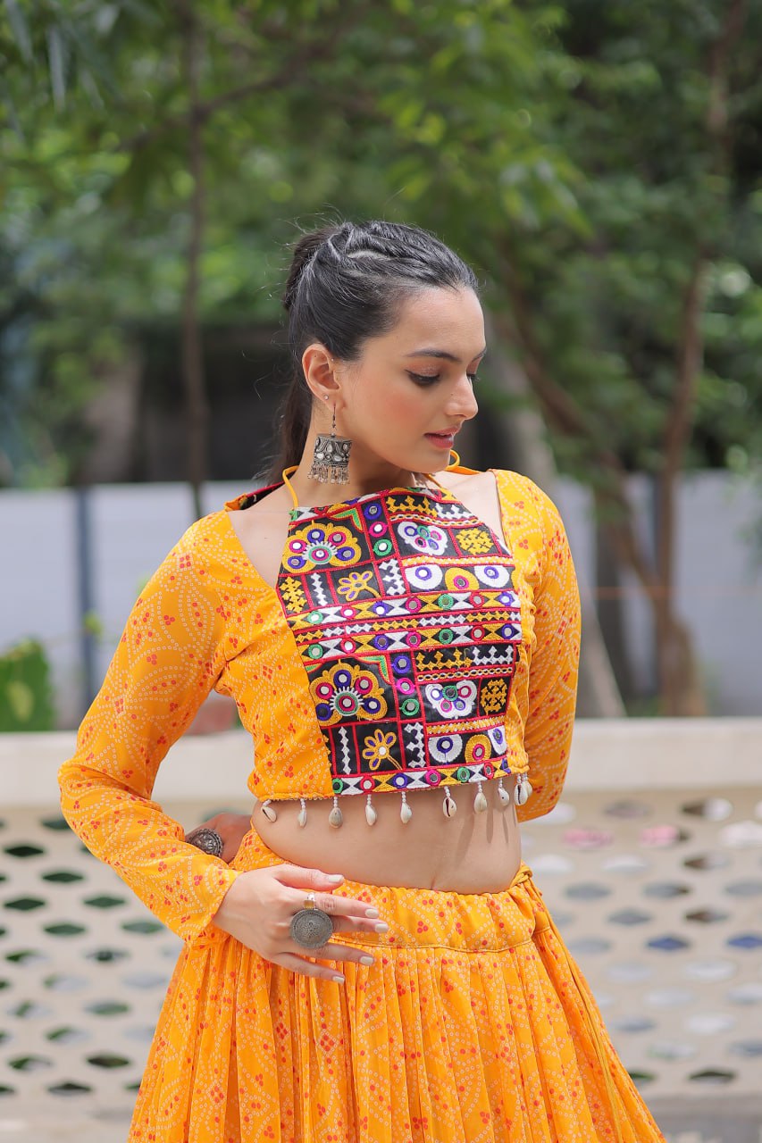Yellow Bandhej Print Faux Georgette Lehenga Choli Set with Gotta Patti & Gamthi Embroidery – Stitched ClothsVilla