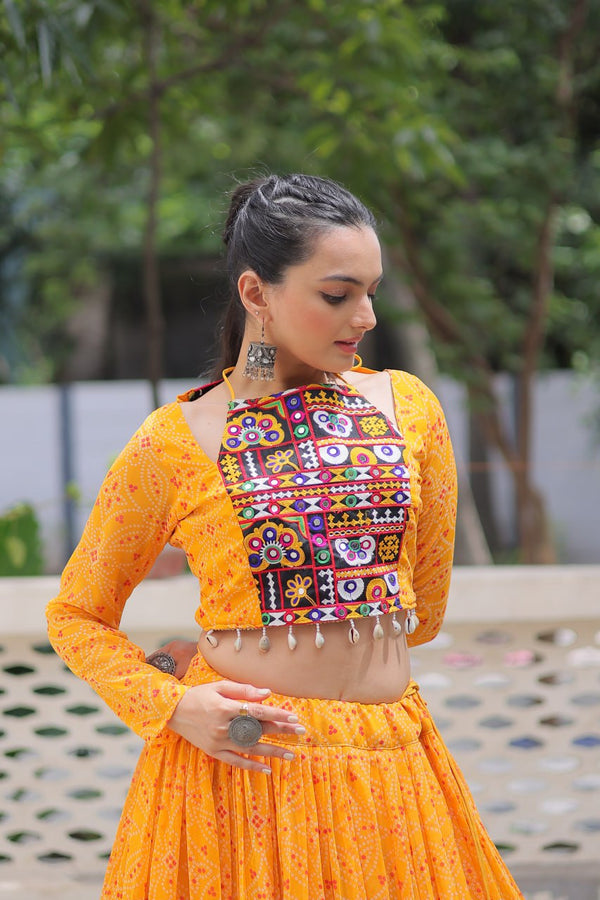 Yellow Bandhej Print Faux Georgette Lehenga Choli Set with Gotta Patti & Gamthi Embroidery – Stitched ClothsVilla