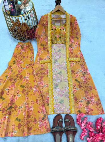 Yellow Bollywood Style Indo-Western Koti, Plazzo & Blouse Set with Floral Digital Print & 5MM Sequins Work ClothsVilla