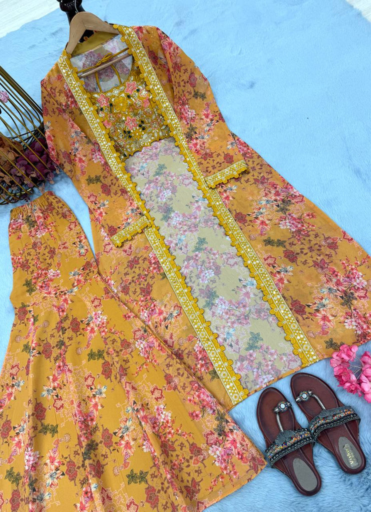 Yellow Bollywood Style Indo-Western Koti, Plazzo & Blouse Set with Floral Digital Print & 5MM Sequins Work ClothsVilla