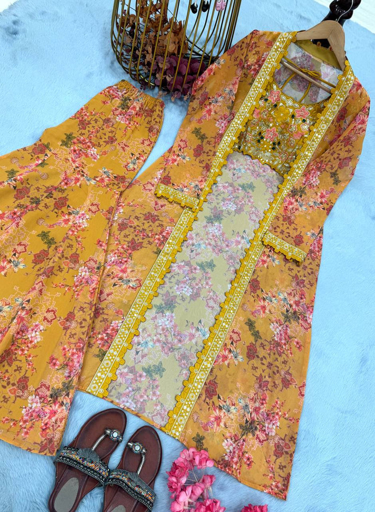 Yellow Bollywood Style Indo-Western Koti, Plazzo & Blouse Set with Floral Digital Print & 5MM Sequins Work ClothsVilla