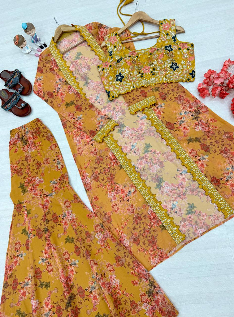 Yellow Bollywood Style Indo-Western Koti, Plazzo & Blouse Set with Floral Digital Print & 5MM Sequins Work ClothsVilla