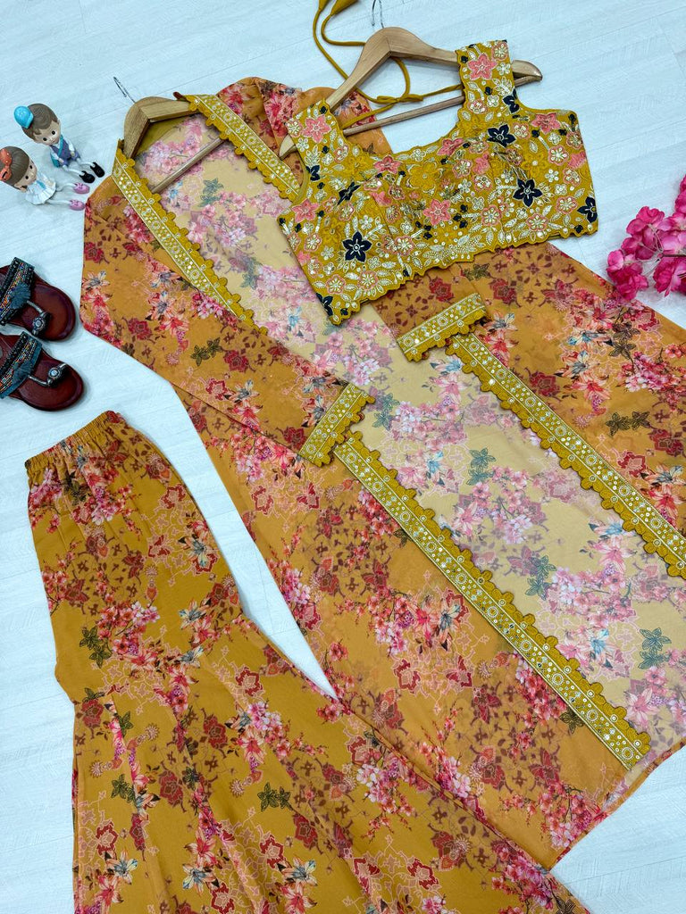 Yellow Bollywood Style Indo-Western Koti, Plazzo & Blouse Set with Floral Digital Print & 5MM Sequins Work ClothsVilla