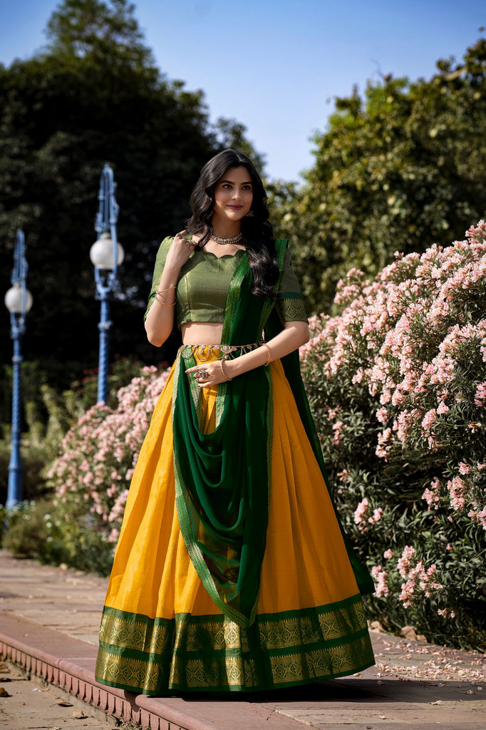 Yellow Breathtaking South-Indian Kanchipuram Silk Lehenga Ch Yellow Breathtaking South-Indian Kanchipuram Silk Lehenga Ch