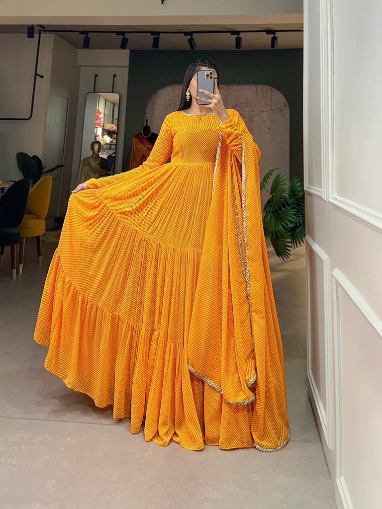 Yellow Butterfly Bliss Printed Georgette Gown with Shimmering Dupatta - Ready to Wear ClothsVilla