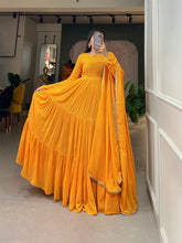 Load image into Gallery viewer, Yellow Butterfly Bliss Printed Georgette Gown with Shimmering Dupatta - Ready to Wear ClothsVilla
