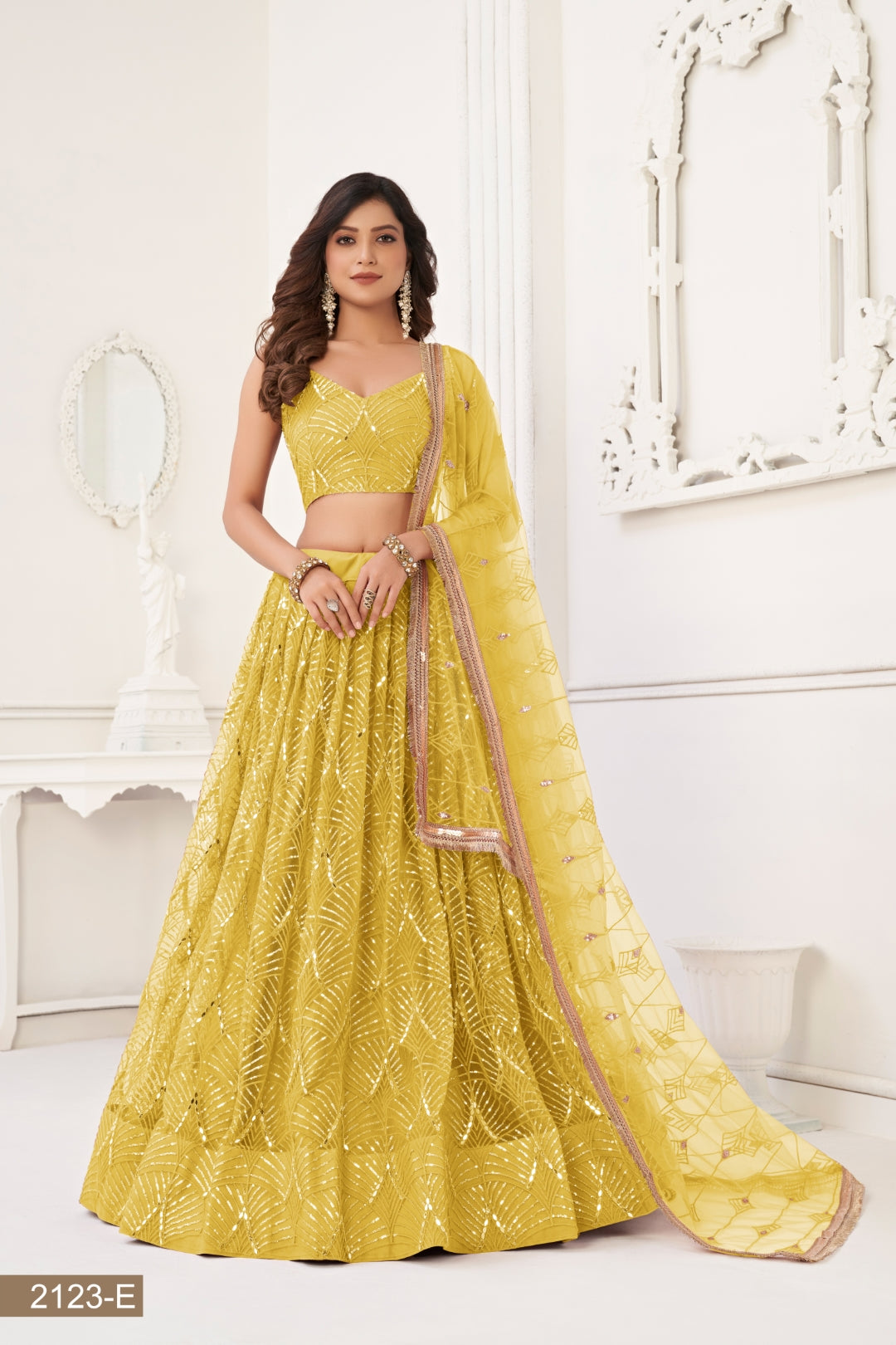 Yellow Butterfly Net Lehenga with Tone-to-Tone Thread Work and Mirror Embroidery ClothsVilla