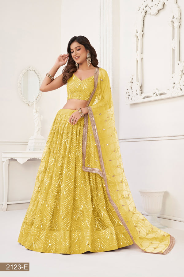 Yellow Butterfly Net Lehenga with Tone-to-Tone Thread Work and Mirror Embroidery ClothsVilla