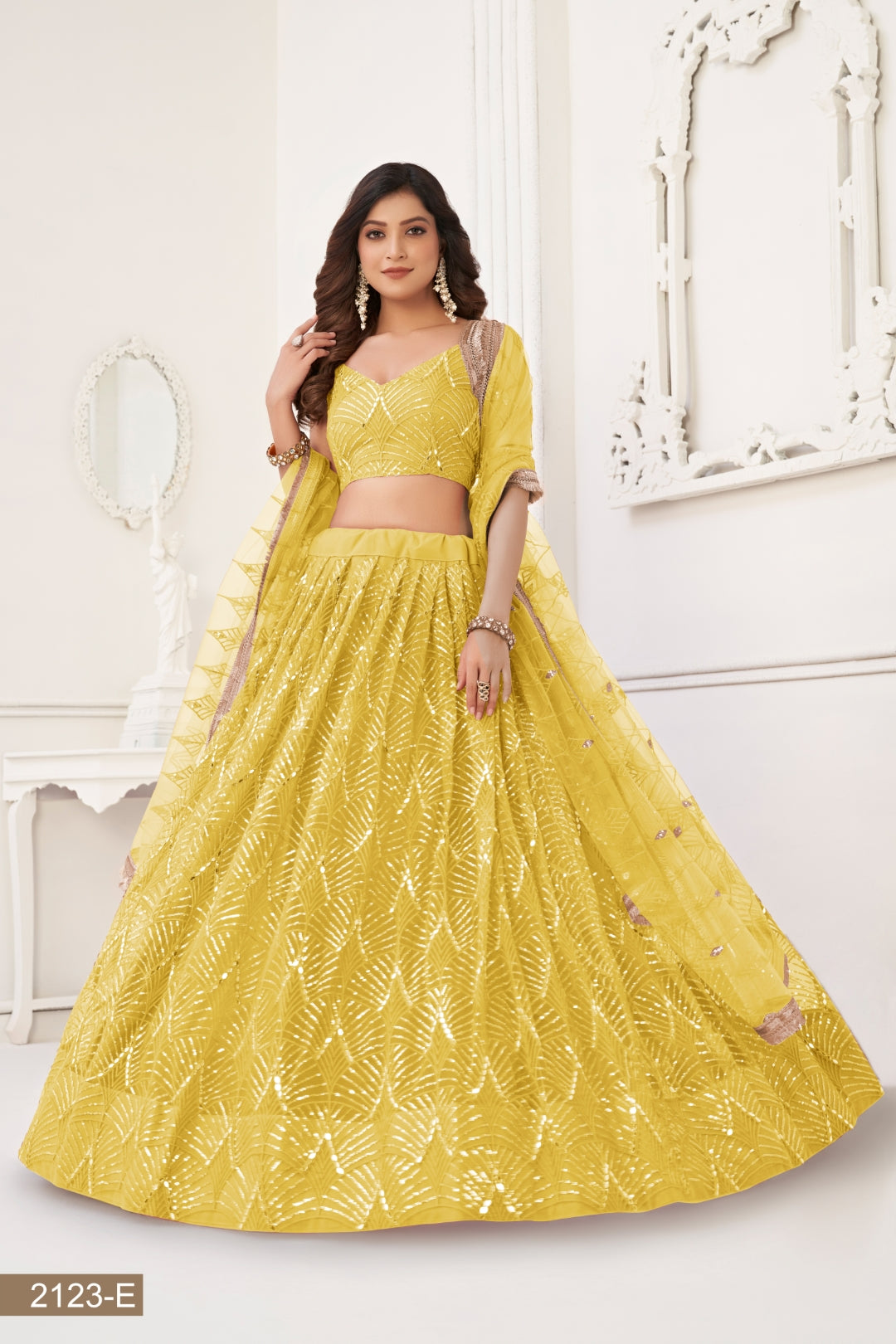 Yellow Butterfly Net Lehenga with Tone-to-Tone Thread Work and Mirror Embroidery ClothsVilla