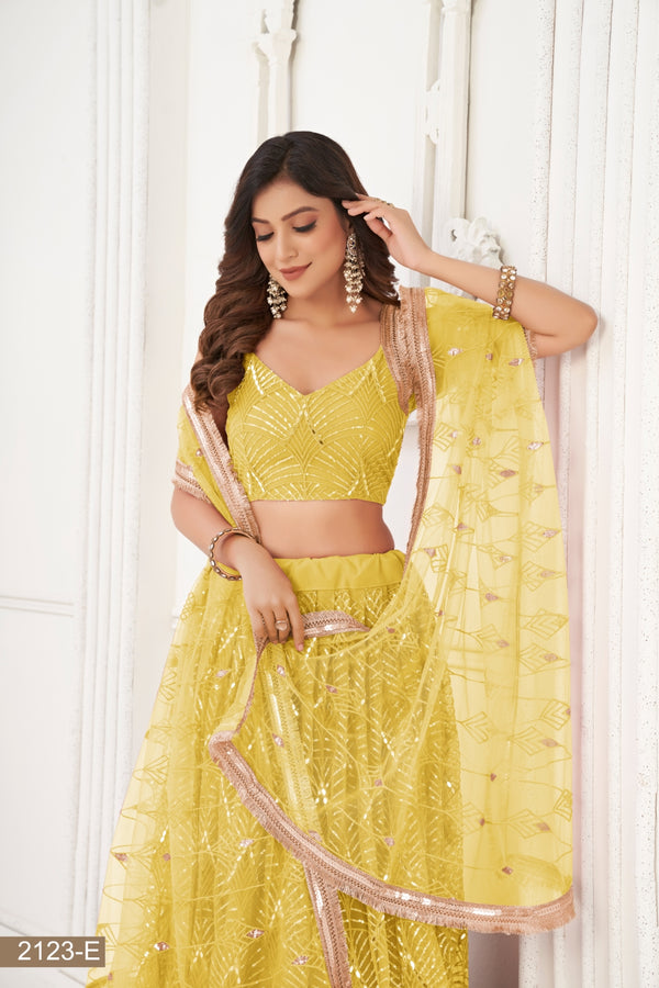 Yellow Butterfly Net Lehenga with Tone-to-Tone Thread Work and Mirror Embroidery ClothsVilla