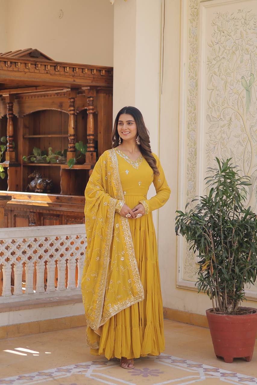 Yellow Captivating Unique Colored Faux Georgette Embroidered Gown with Sequined Dupatta ClothsVilla