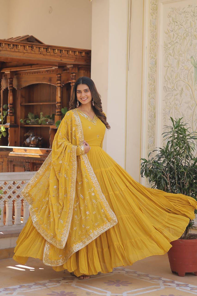 Yellow Captivating Unique Colored Faux Georgette Embroidered Gown with Sequined Dupatta ClothsVilla