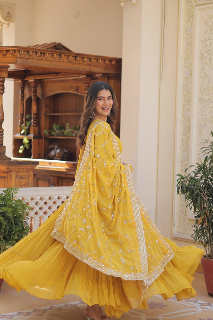Yellow Captivating Unique Colored Faux Georgette Embroidered Gown with Sequined Dupatta ClothsVilla