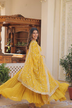 Load image into Gallery viewer, Yellow Captivating Unique Colored Faux Georgette Embroidered Gown with Sequined Dupatta ClothsVilla