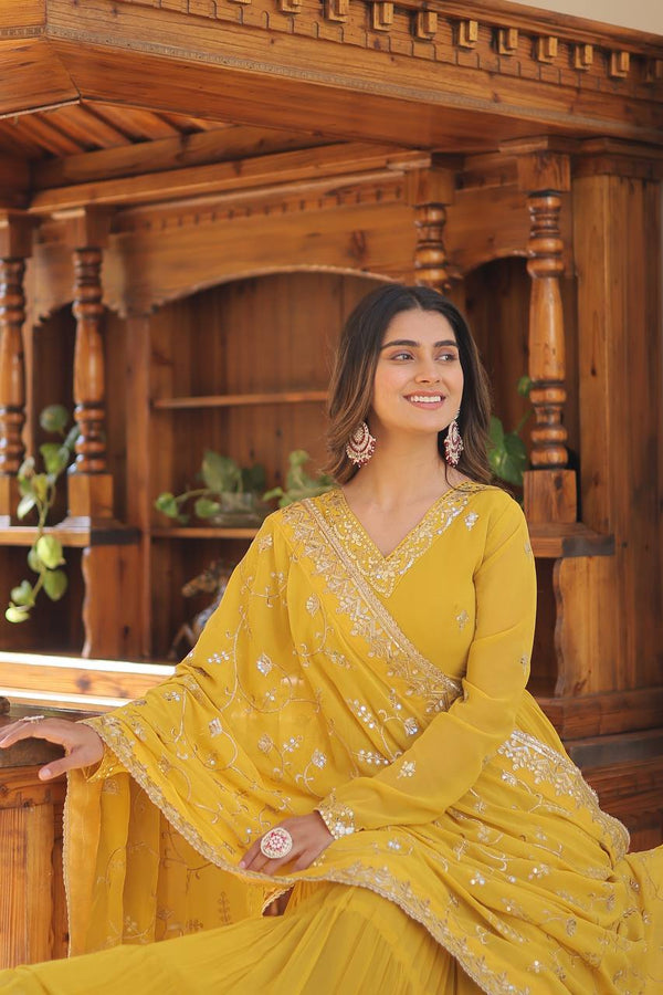 Yellow Captivating Unique Colored Faux Georgette Embroidered Gown with Sequined Dupatta ClothsVilla