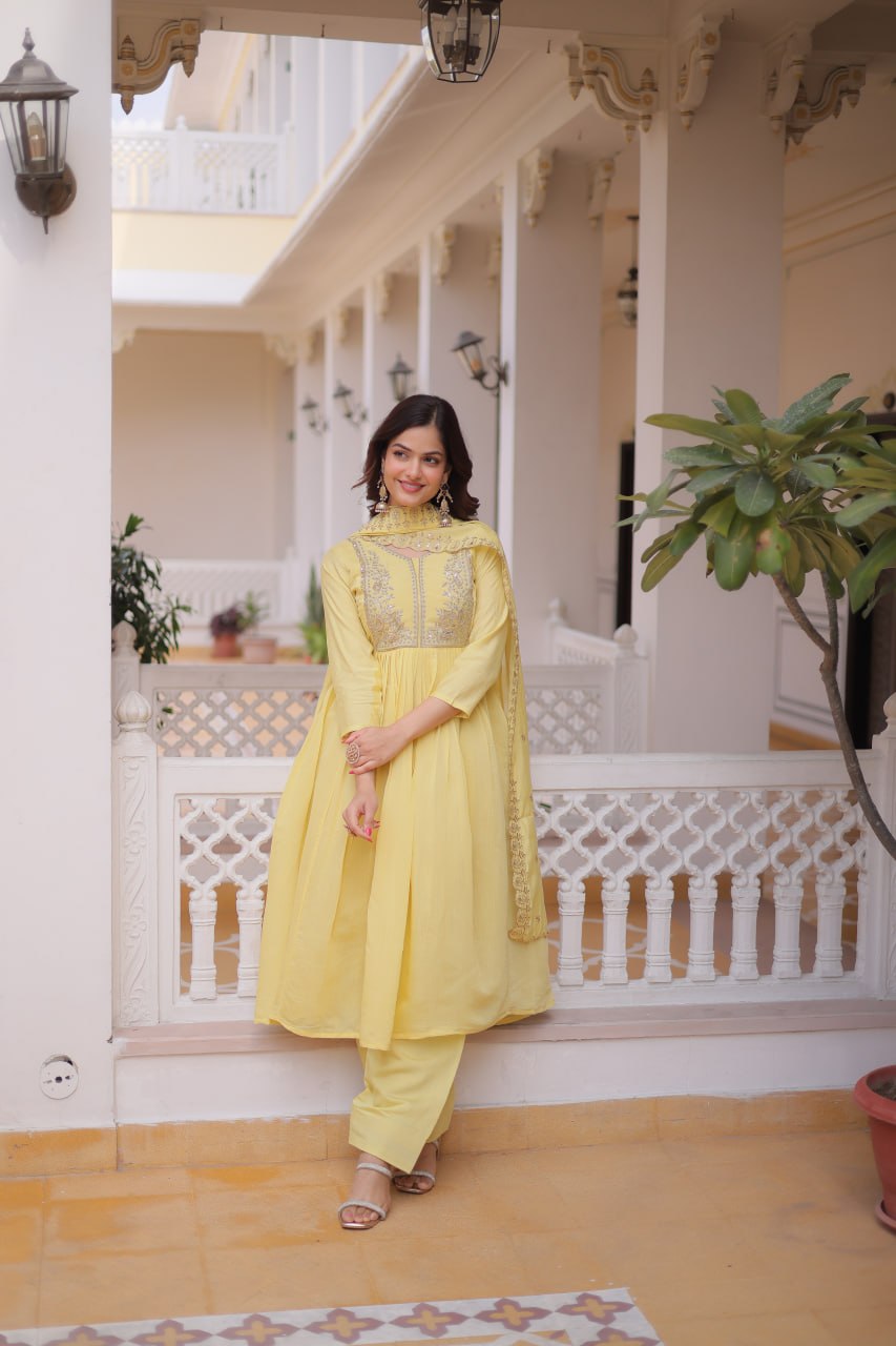 Yellow Chanderi Embroidered Gown Set ClothsVilla