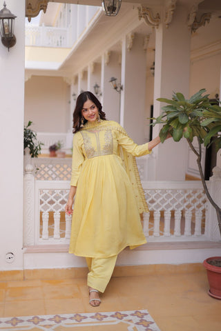 Yellow Chanderi Embroidered Gown Set ClothsVilla
