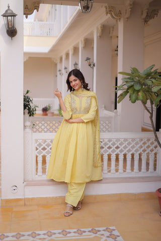 Yellow Chanderi Embroidered Gown Set ClothsVilla