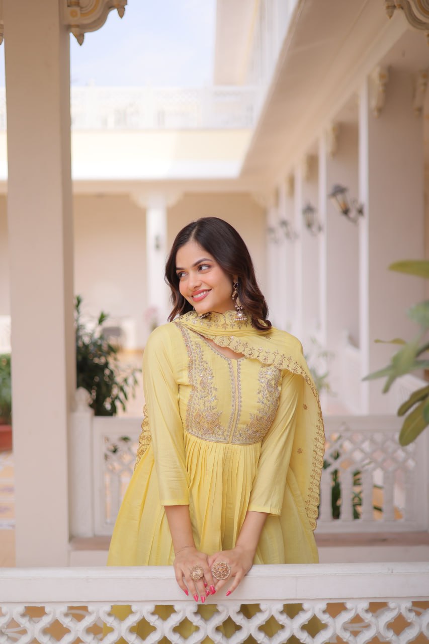 Yellow Chanderi Embroidered Gown Set ClothsVilla