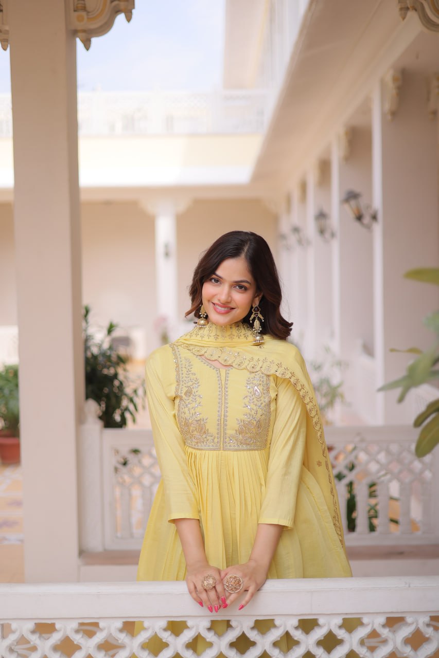 Yellow Chanderi Embroidered Gown Set ClothsVilla